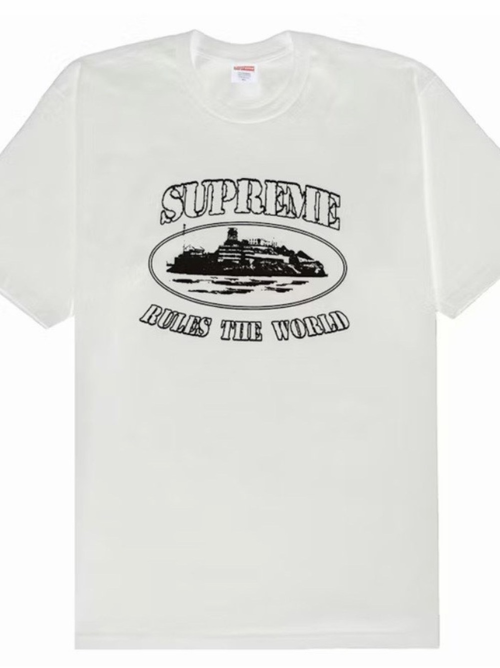 Supreme X Corteiz White Tee with Black 'Rules The World' Graphic